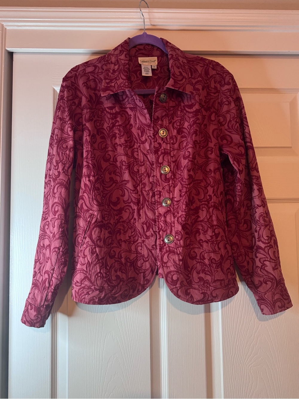 Coldwater Creek Wine Red Floral-Scroll Button Jacket